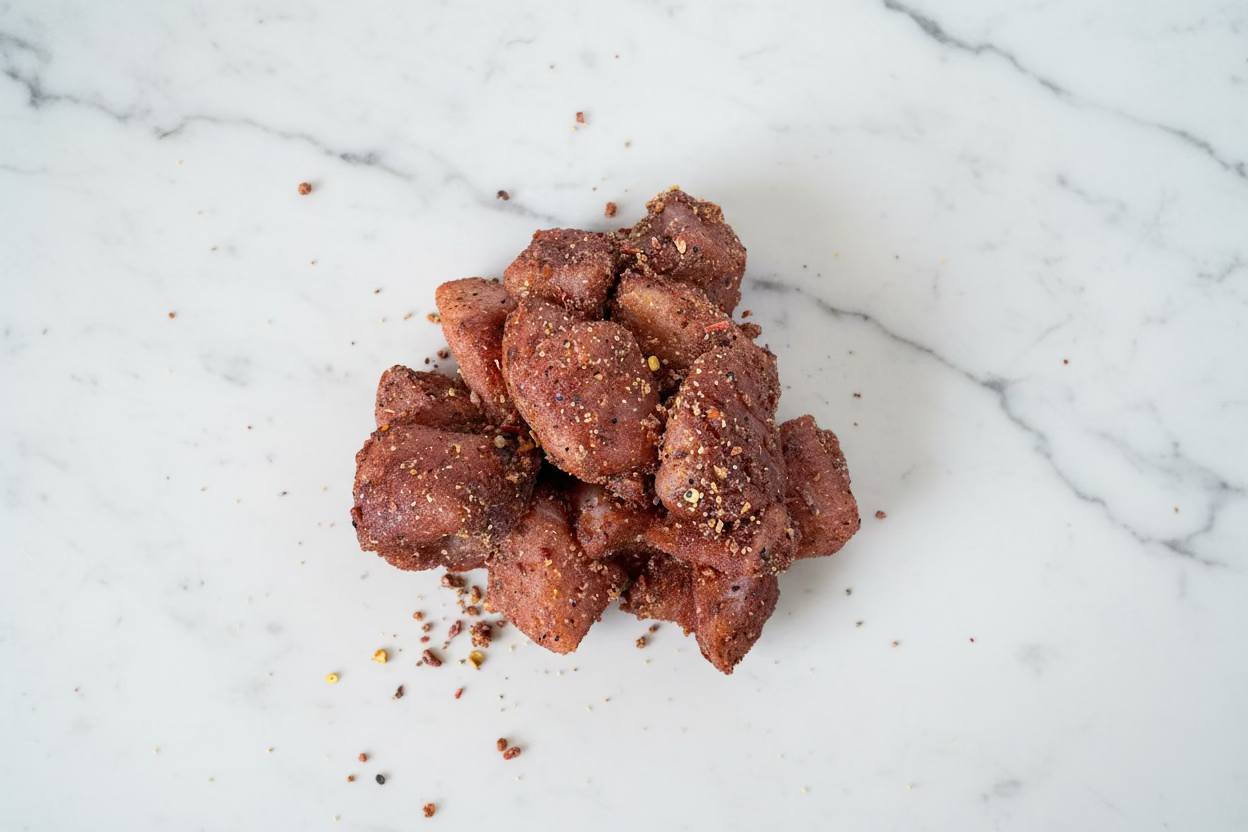A pile of seasoned, diced chicken fillets on a wooden surface.