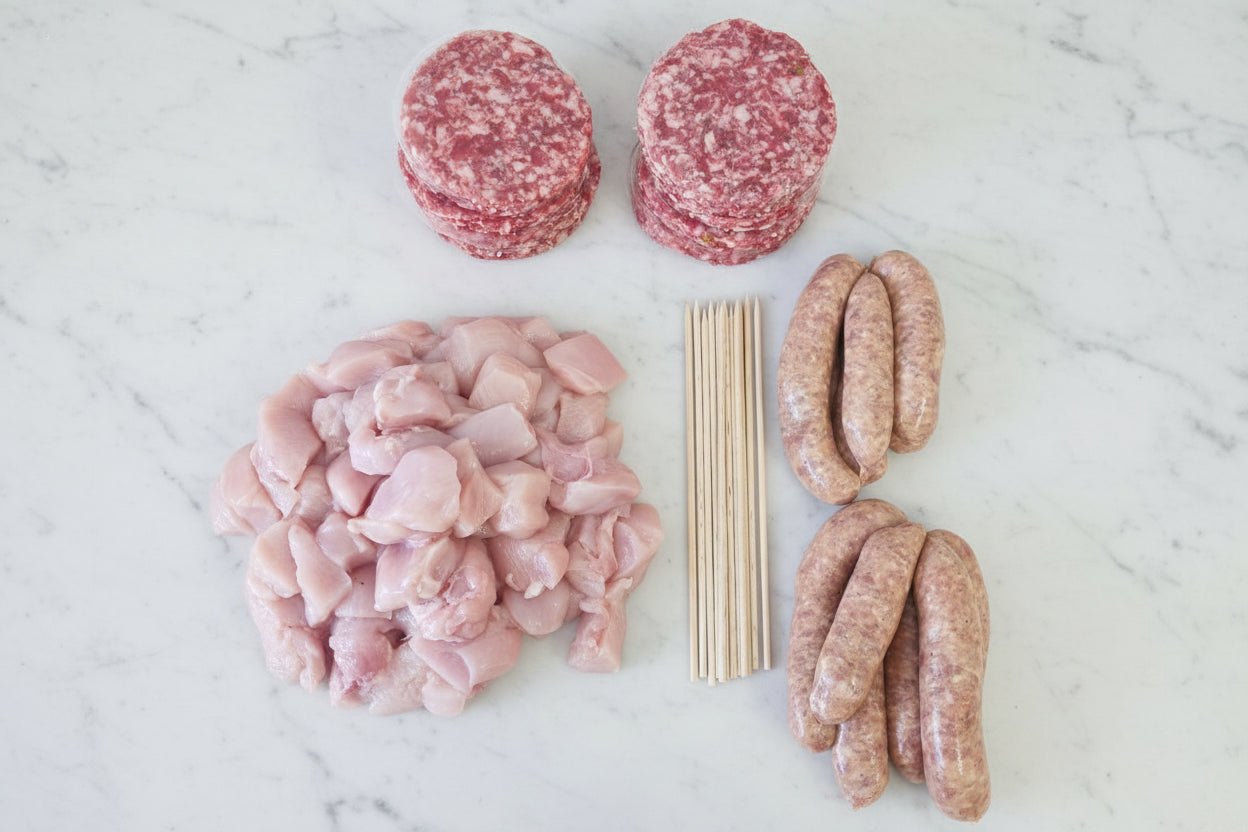 24 Lamb & Mint Burgers, Pork Sausage & Kebab BBQ Pack