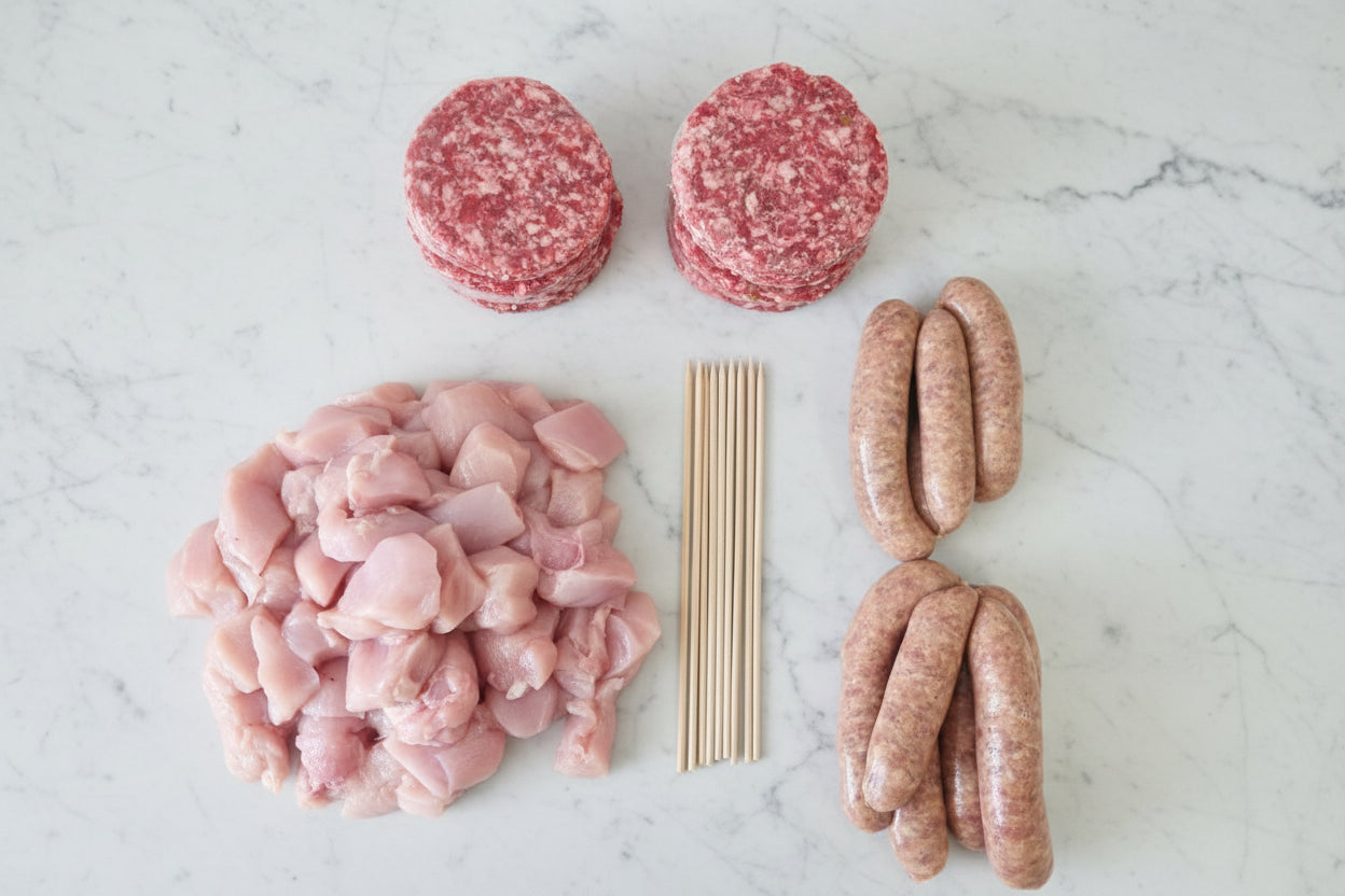 24 Beef Burgers, Pork Sausage & Kebab BBQ Pack