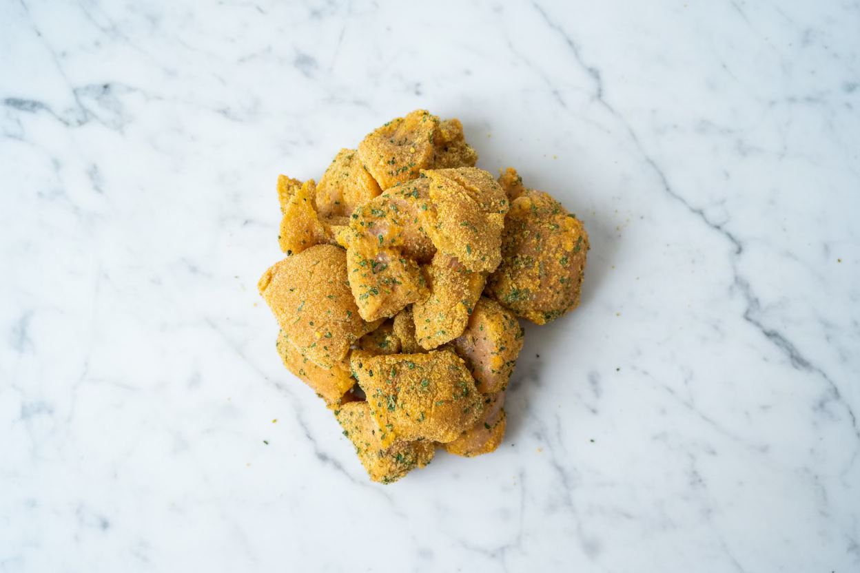 A pile of seasoned, diced chicken fillets on a wooden surface.