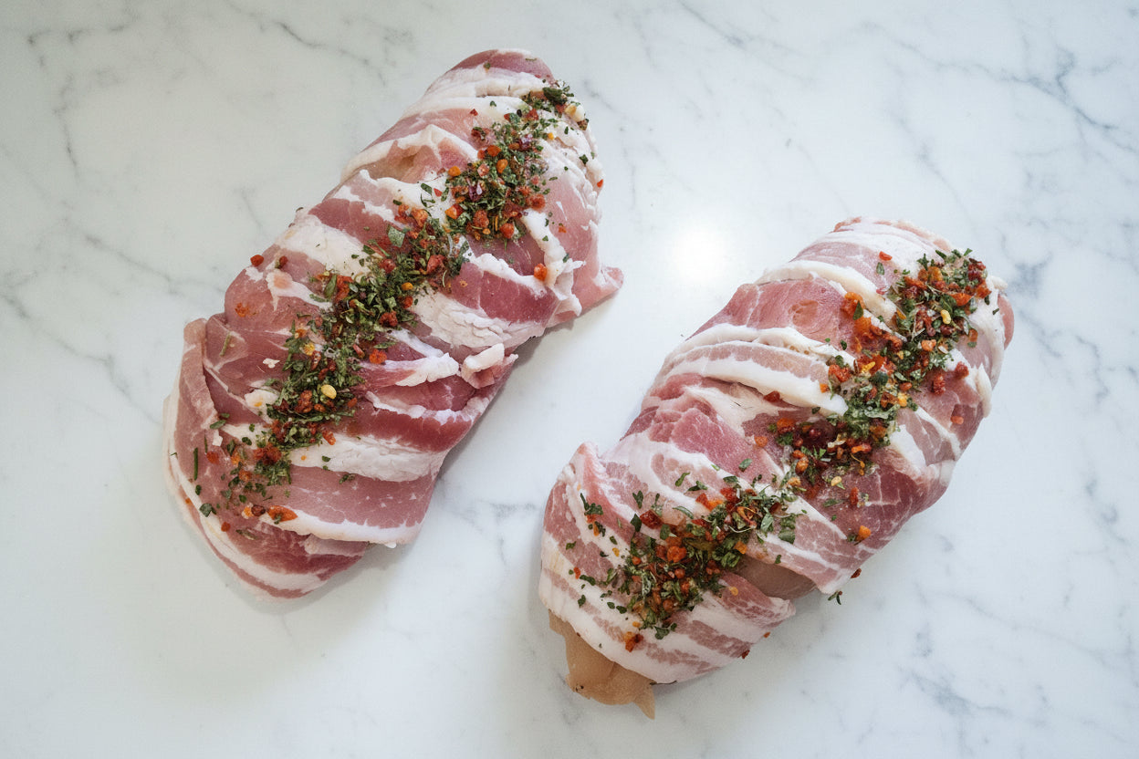 Two chicken parcels wrapped in bacon, seasoned with honey mustard and herbs, placed on a wooden cutting board.