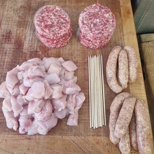 12 Beef Burgers, Pork Sausage & Kebab BBQ Pack