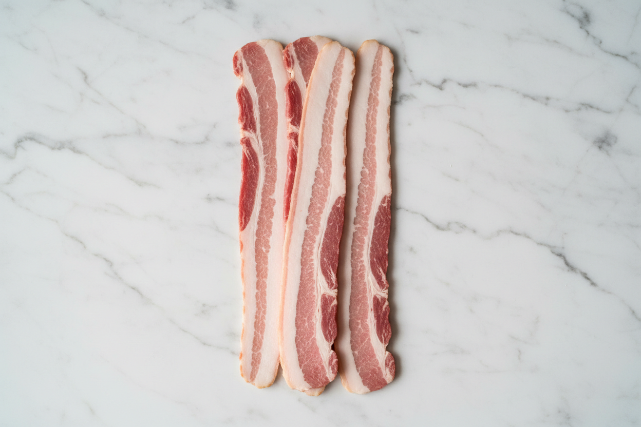 can you create a image of streaky bacon. Place on a white marble background looking down on the product keeping a clean background to be suitable for a meat butchery