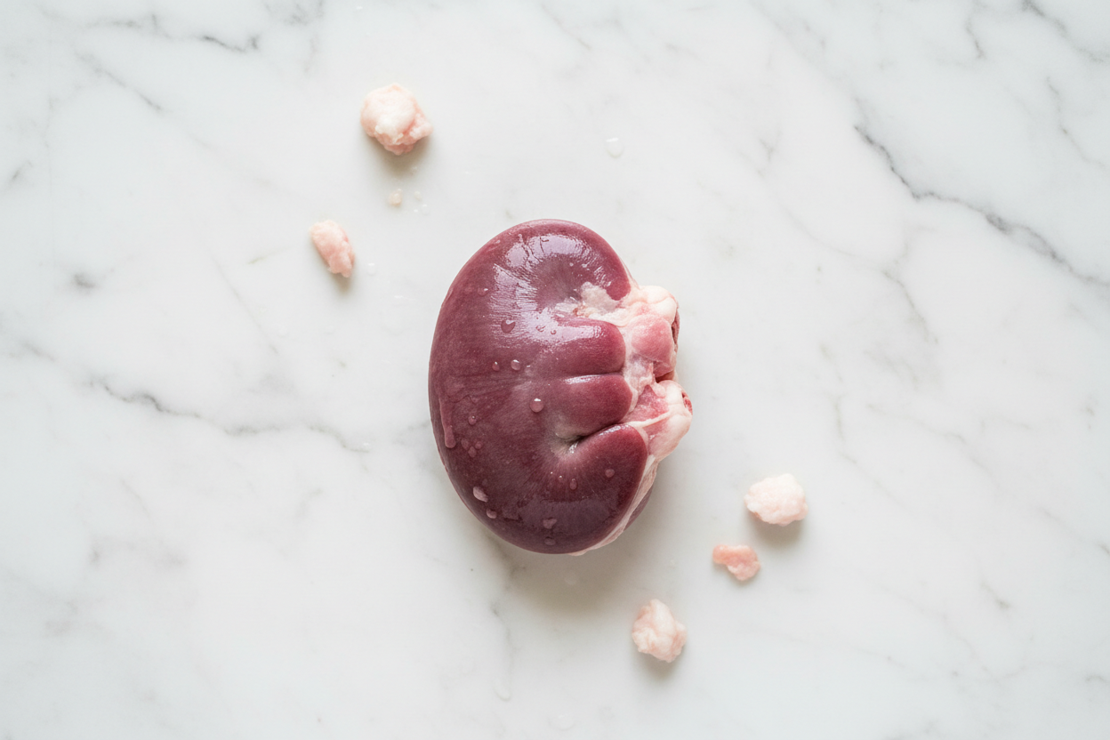 raw pigs kidney Place on a white marble background looking down on the product keeping a clean background to be suitable for a meat butchery